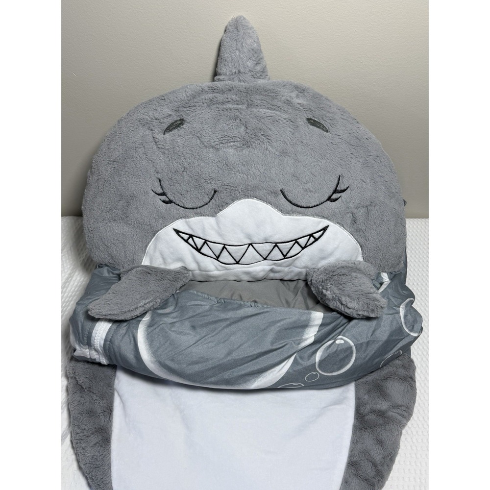 Happy Nappers Shark Kids Sleeping Bag Plush Pillow, Zip, Gray/White Washable